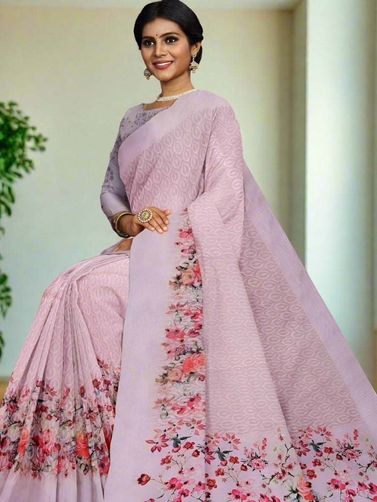Organza fancy saree peach color allover weaves & printed kaddi border with printed pallu and printed blouse