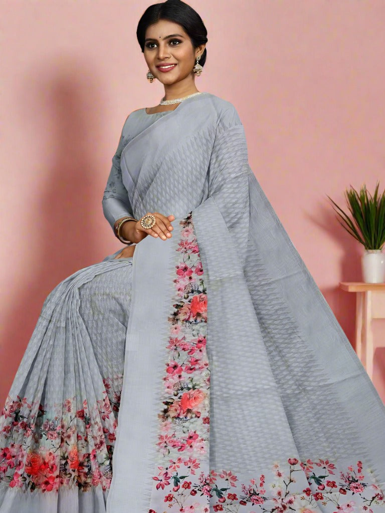 Organza fancy saree grey color allover weaves & printed kaddi border with printed pallu and printed blouse