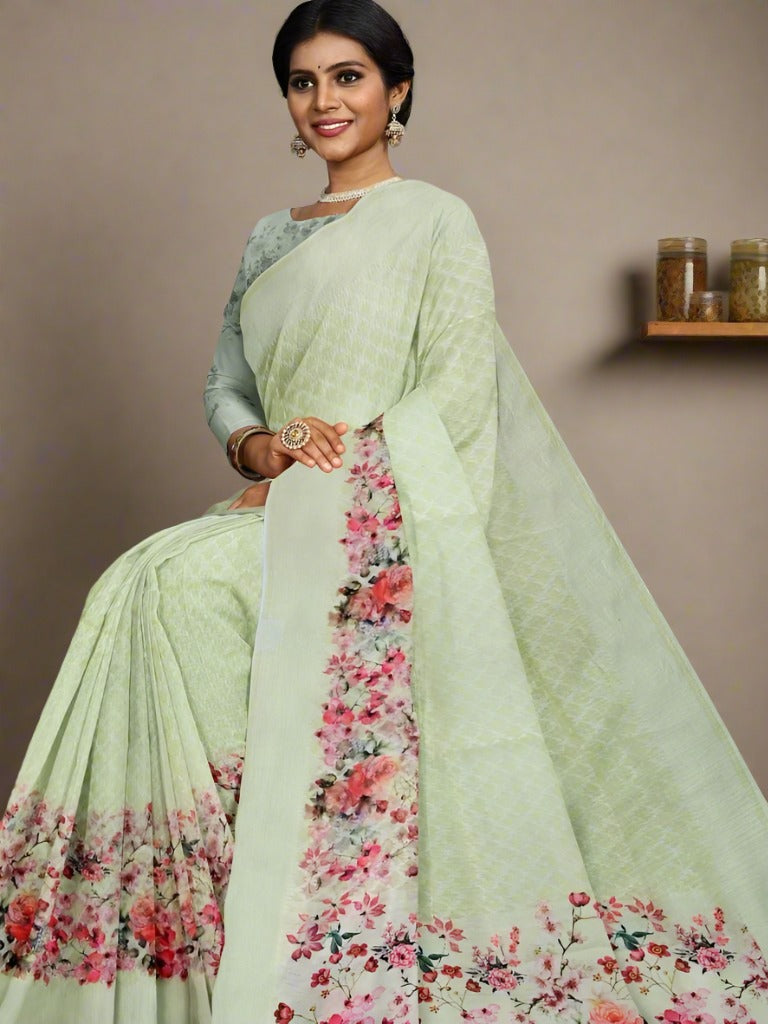 Organza fancy saree pista green color allover weaves & printed kaddi border with printed pallu and printed blouse