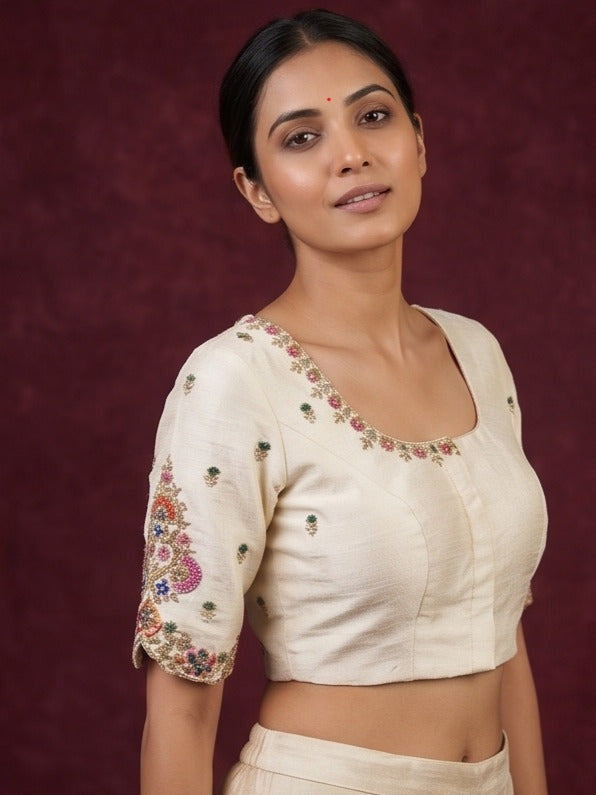 Pure raw silk maggam work blouse for women | Round neck | Cream color
