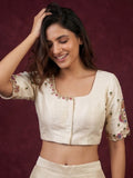 Pure raw silk maggam work blouse for women | Round neck | Cream color