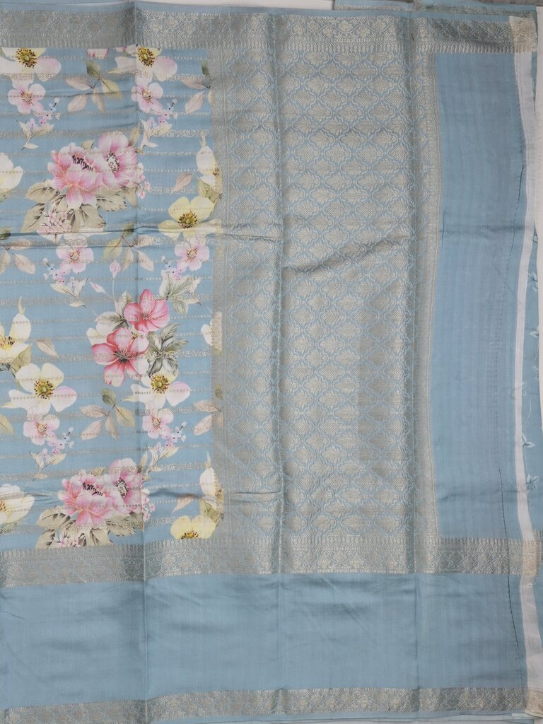 Munga fancy floral printed saree with big border and attached blouse
