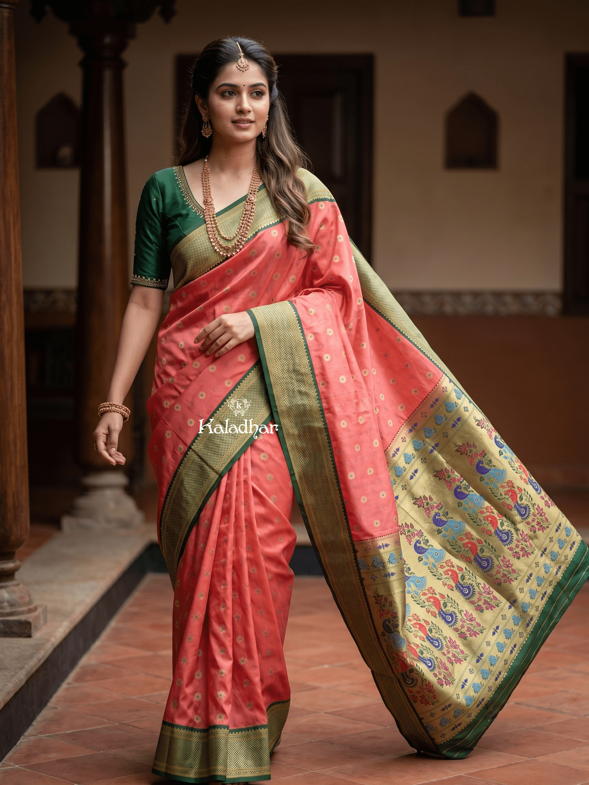 Narayanpet pattu saree allover zari motifs with paithani pallu and contrast blouse
