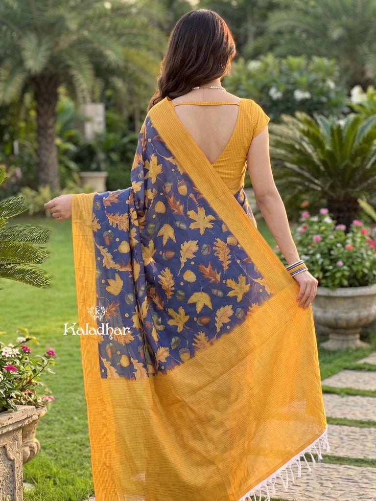 Mangalagiri cotton saree in navy blue color with contrast pallu and printed blouse