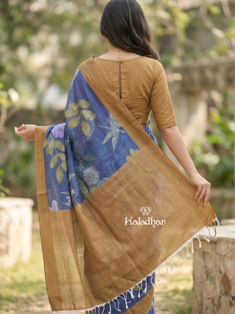 Mangalagiri cotton saree in royal blue color with contrast pallu and printed blouse