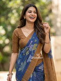 Mangalagiri cotton saree in royal blue color with contrast pallu and printed blouse
