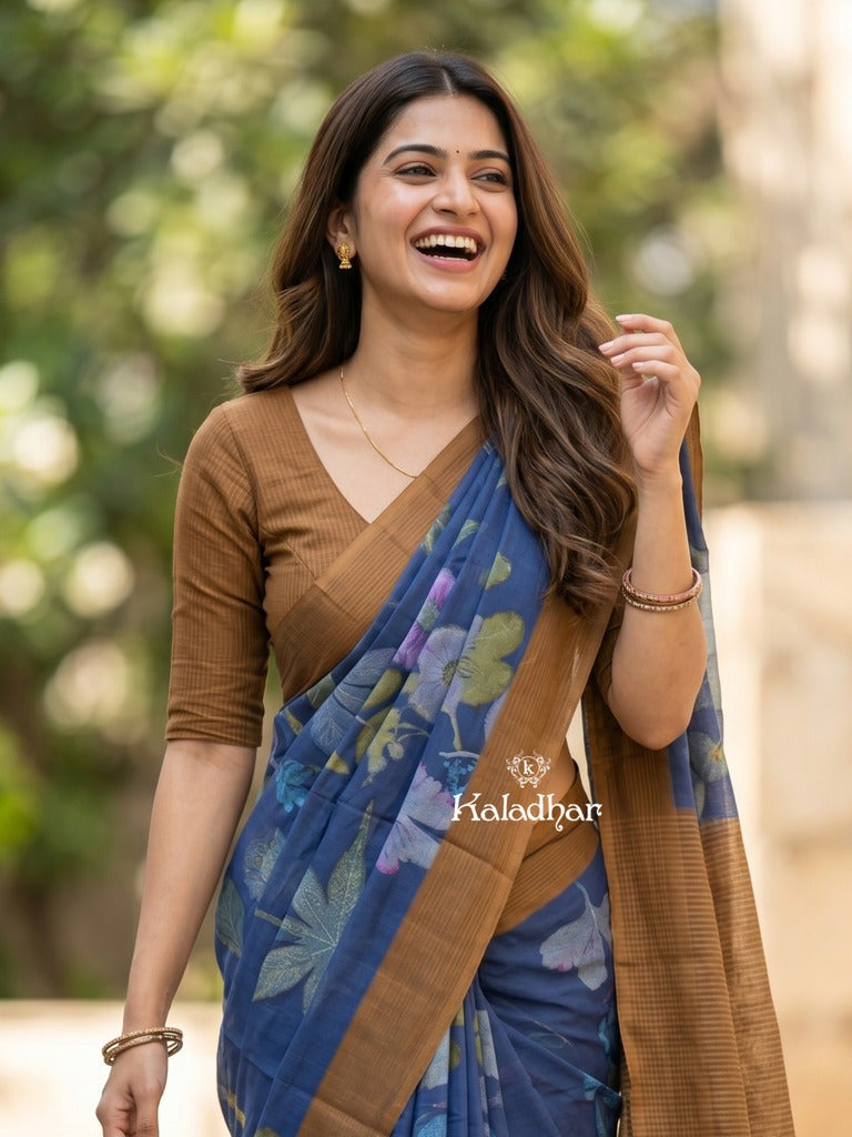 Mangalagiri cotton saree in royal blue color with contrast pallu and printed blouse
