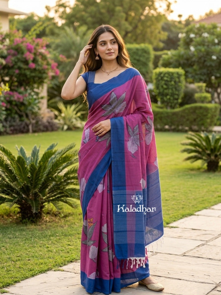 Mangalagiri cotton saree in pink color with contrast pallu and printed blouse