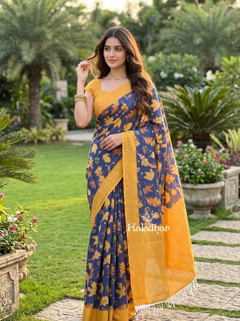 Mangalagiri cotton saree in navy blue color with contrast pallu and printed blouse