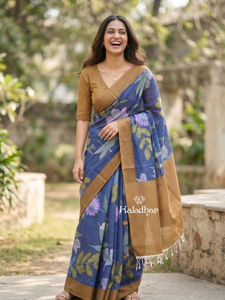 Mangalagiri cotton saree in royal blue color with contrast pallu and printed blouse