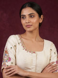 Pure raw silk maggam work blouse for women | Round neck | Cream color