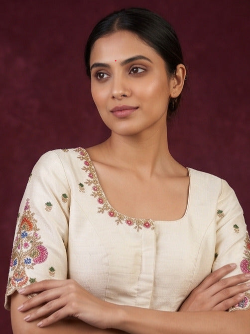 Pure raw silk maggam work blouse for women | Round neck | Cream color