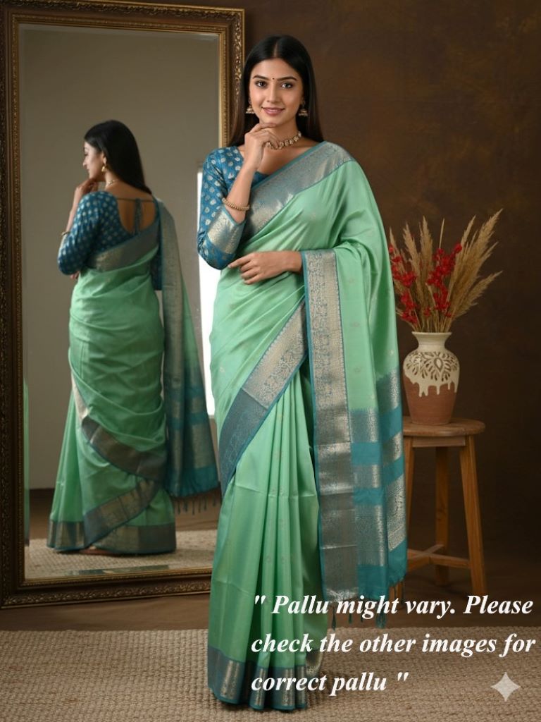 Kanchi pattu saree lux green color allover zari motifs & zari border with rich pallu and contrast plain blouse