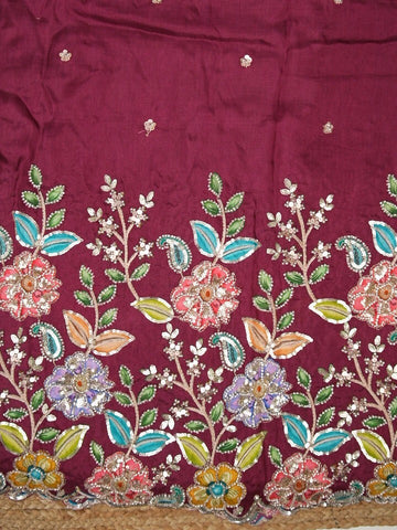 FABRIC ONLY Maroon color dola silk fabric with allover embroidery - per meter