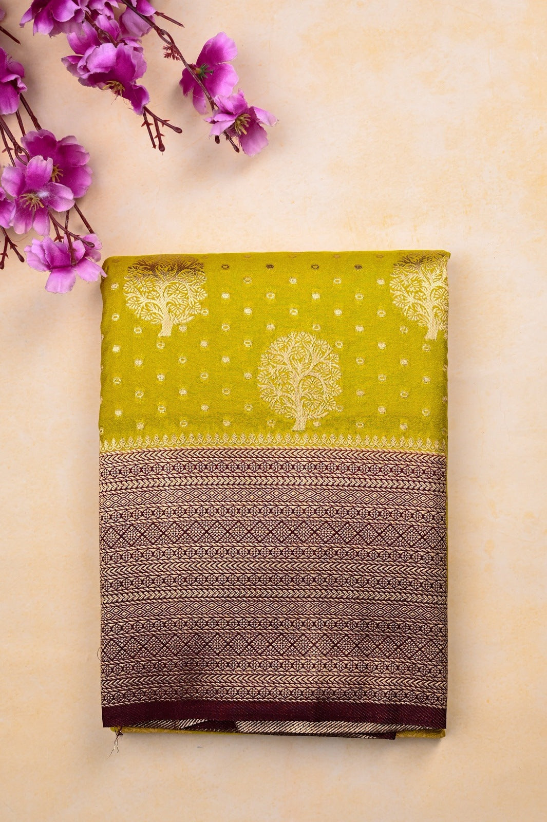 Banaras fancy saree lime green and brown color with allover zari motive weaves, big zari border, pallu and plain blouse.