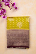 Banaras fancy saree lime green and brown color with allover zari motive weaves, big zari border, pallu and plain blouse.