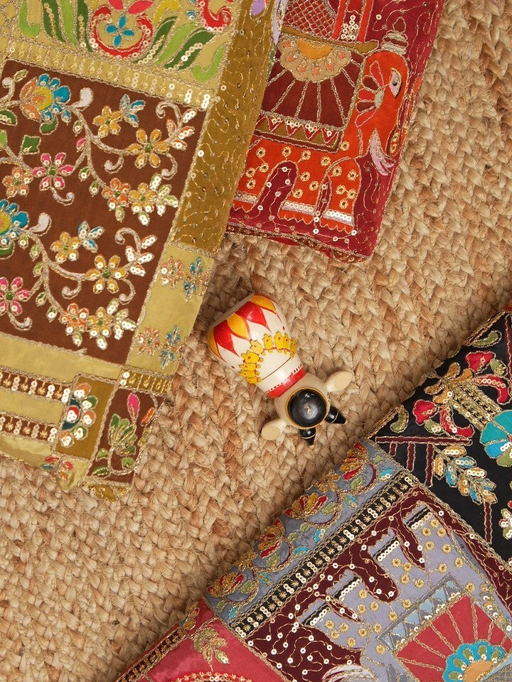 FABRIC ONLY Red color crape fabric with allover embroidery - per meter
