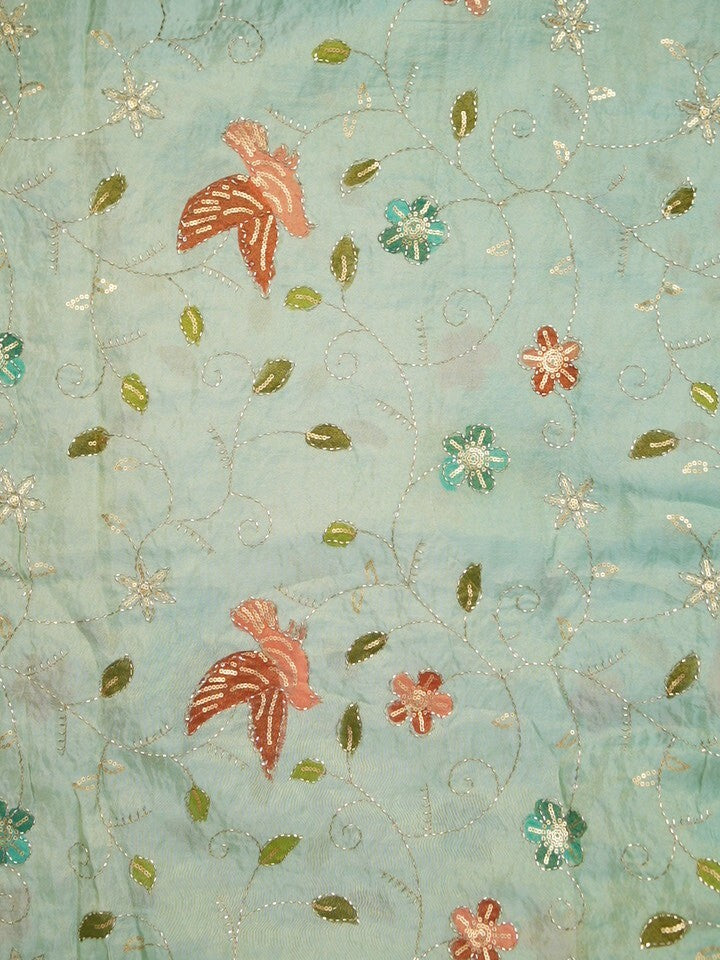 FABRIC ONLY Light blue color dola silk fabric with allover embroidery - per meter