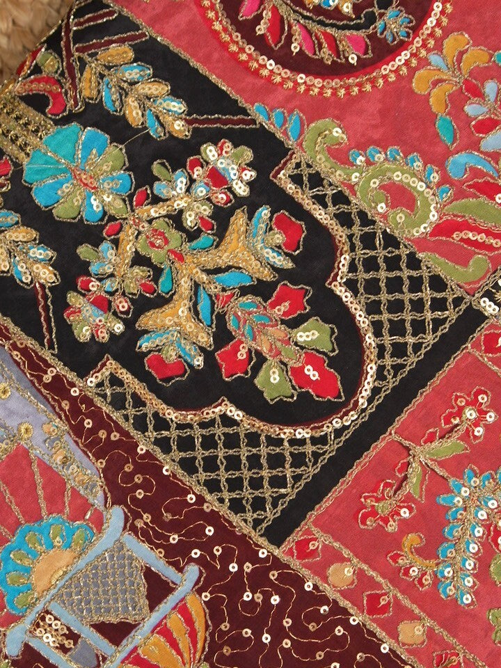 FABRIC ONLY Red and brown color crape fabric with allover embroidery - per meter