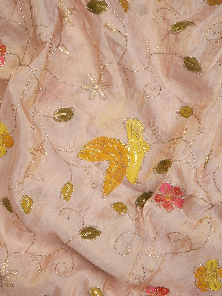FABRIC ONLY Baby pink color dola silk fabric with allover embroidery - per meter