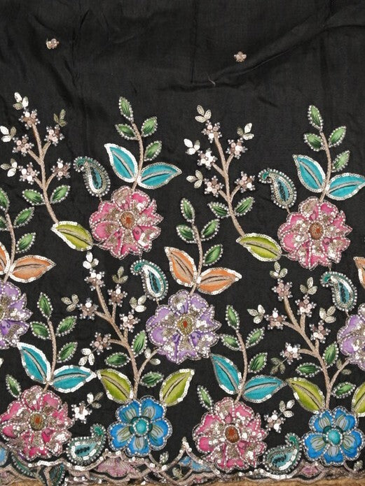 FABRIC ONLY Black color dola silk fabric with allover embroidery - per meter