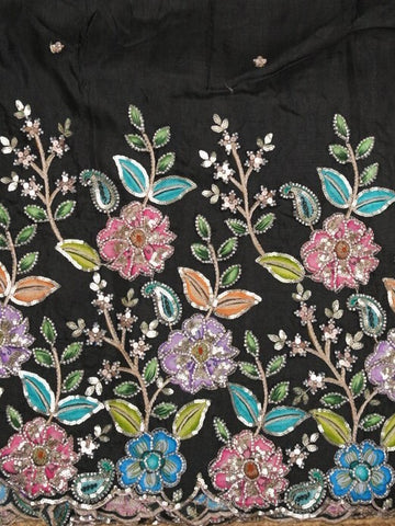 FABRIC ONLY Black color dola silk fabric with allover embroidery - per meter