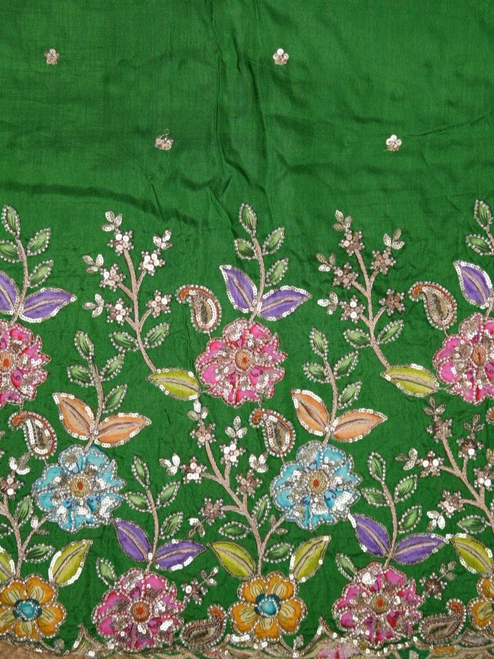 FABRIC ONLY Parrot green color dola silk fabric with allover embroidery - per meter