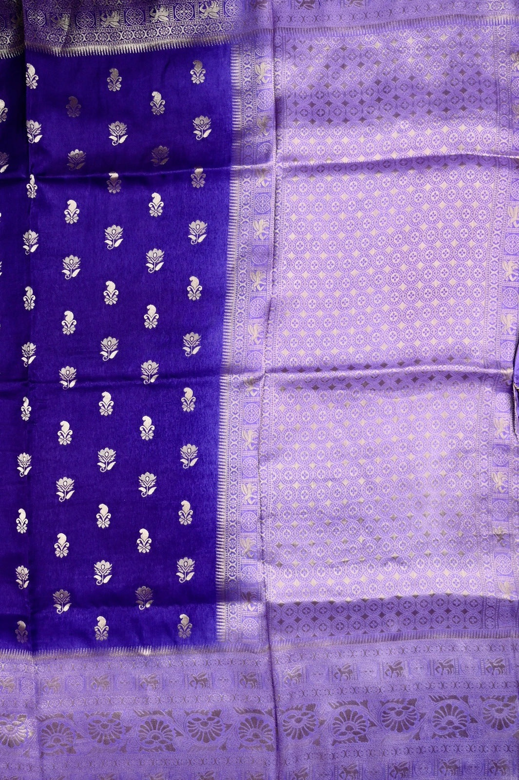 Dola silk saree blue color with allover zari motive weaves, big zari wooven border, pallu and plain blouse