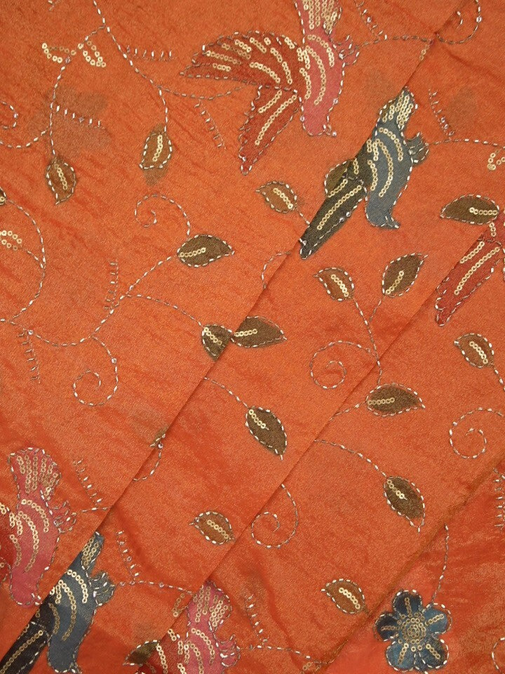 FABRIC ONLY Orange color dola silk fabric with allover embroidery - per meter