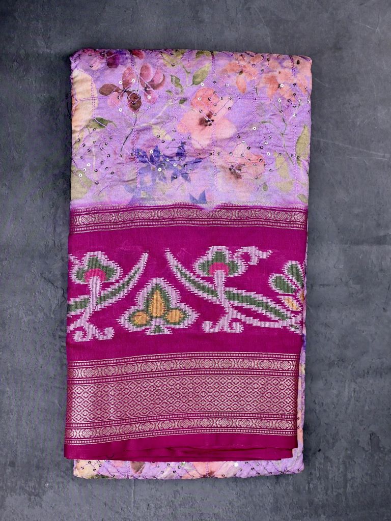 Soft kora fancy saree lavender color allover sequence and digital prints & zari border with zari pallu and contrast sequence blouse