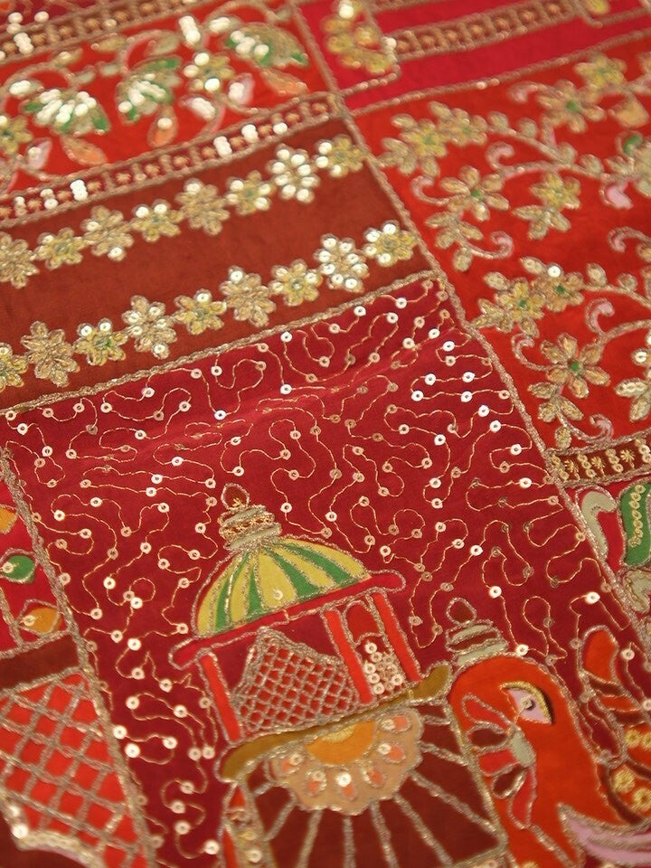 FABRIC ONLY Red color crape fabric with allover embroidery - per meter