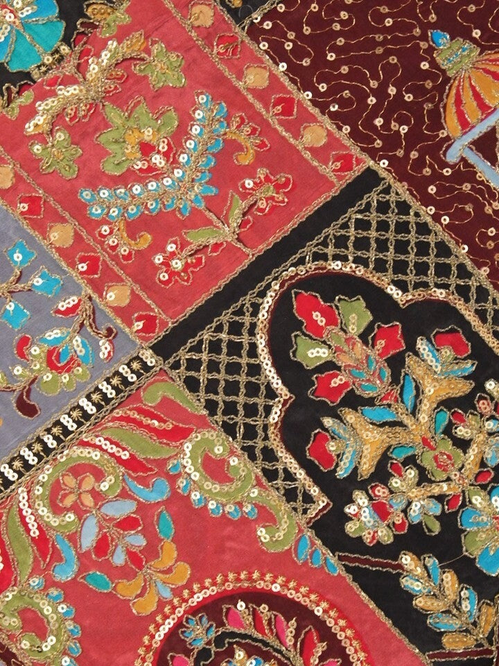 FABRIC ONLY Red and brown color crape fabric with allover embroidery - per meter