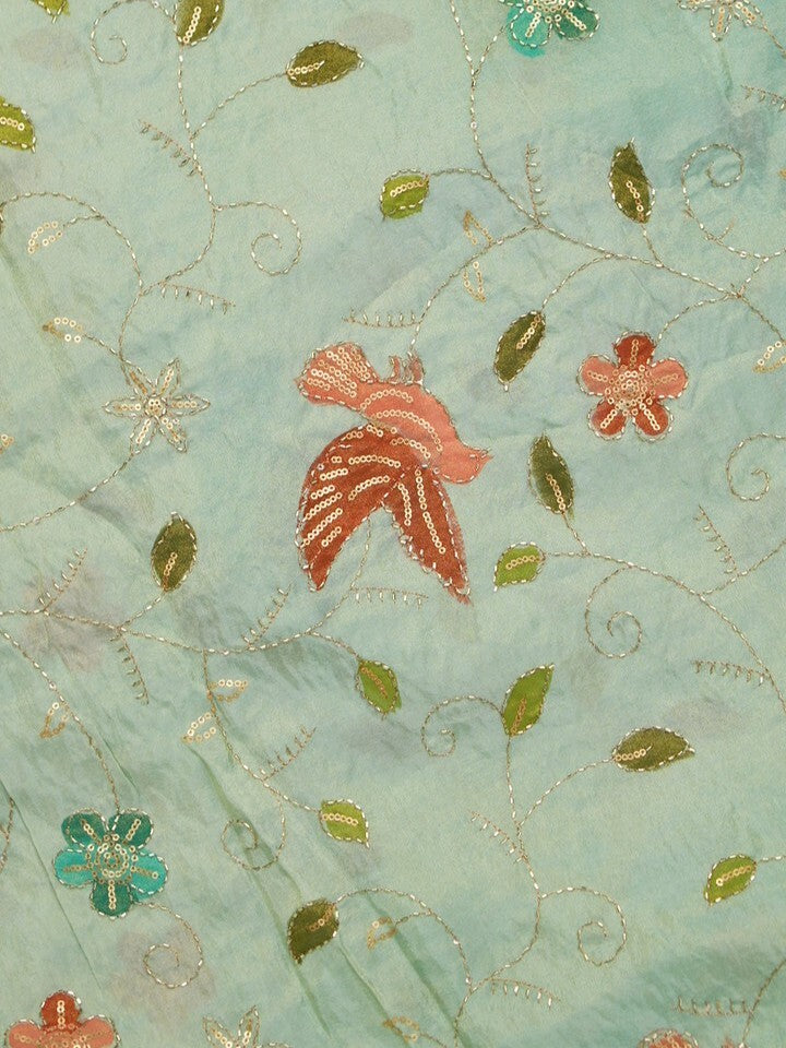 FABRIC ONLY Light blue color dola silk fabric with allover embroidery - per meter