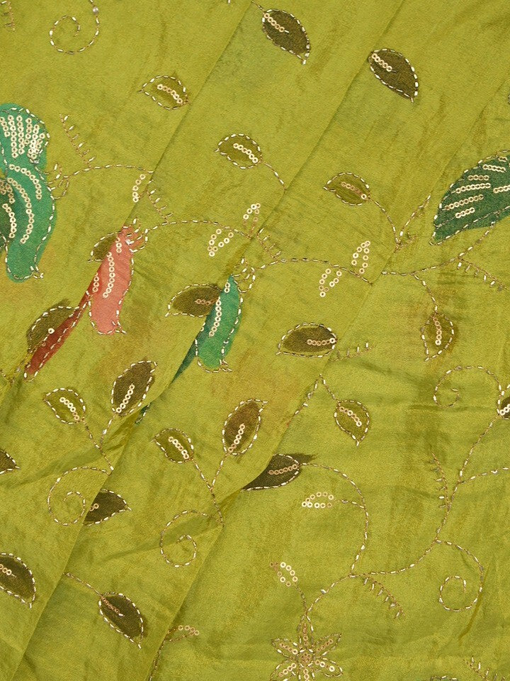 FABRIC ONLY Parrot green color dola silk fabric with allover embroidery - per meter