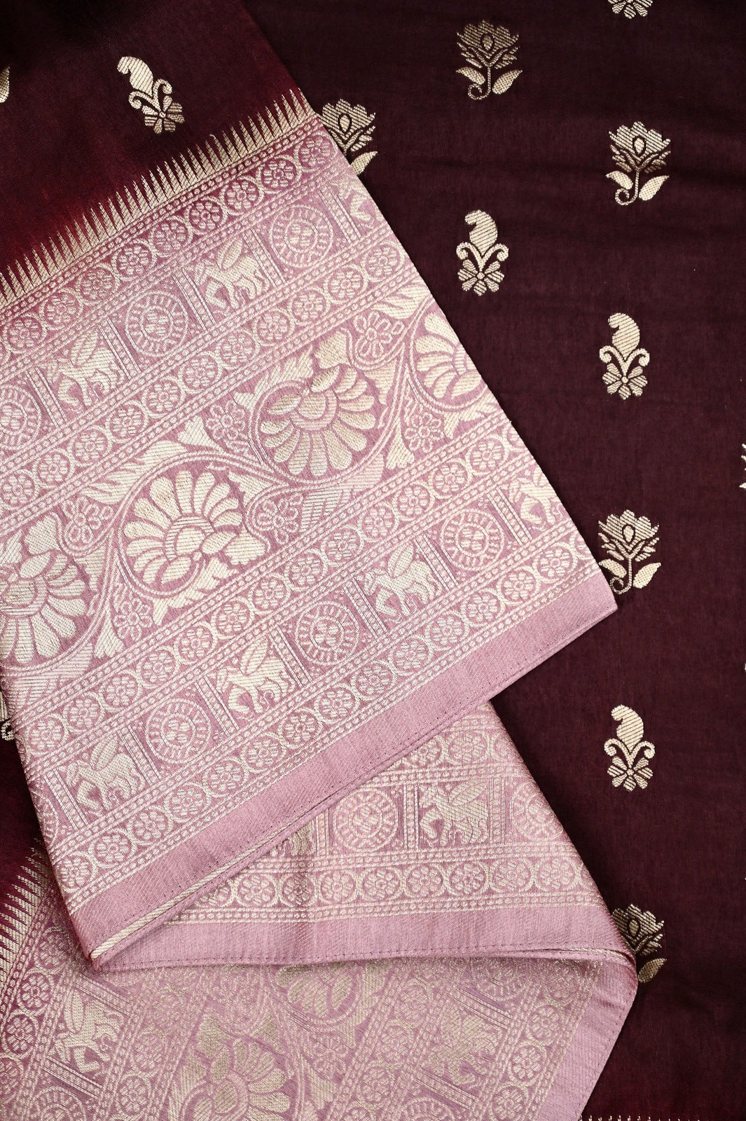 Dola silk saree dark brown color with allover zari motive weaves, big zari wooven border, pallu and plain blouse