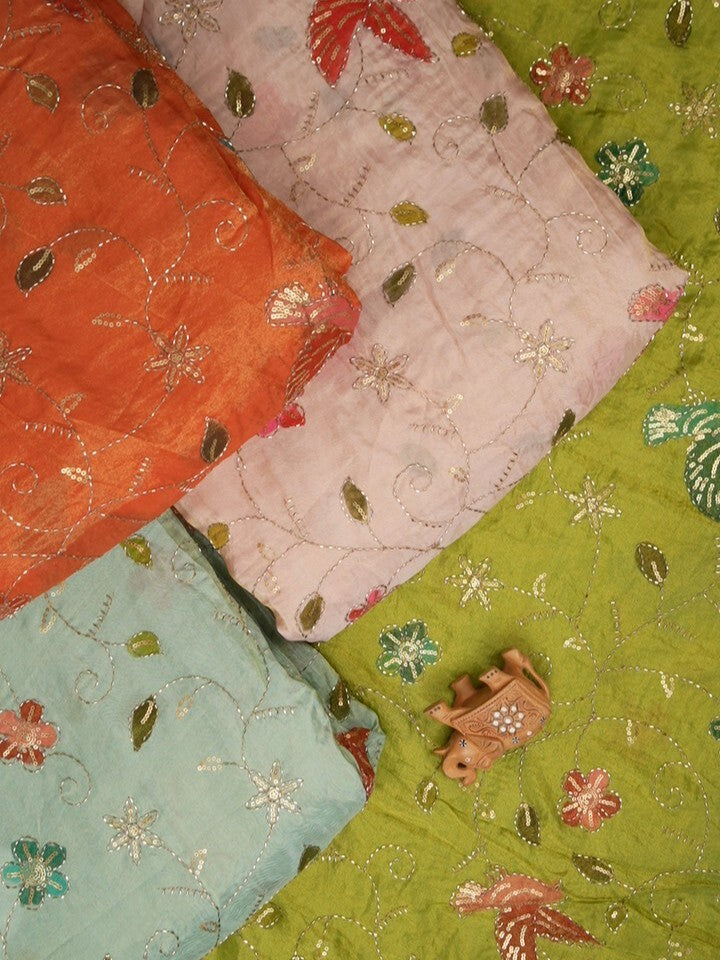 FABRIC ONLY Parrot green color dola silk fabric with allover embroidery - per meter
