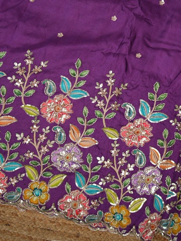 FABRIC ONLY Violet color dola silk fabric with allover embroidery - per meter