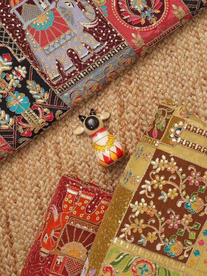 FABRIC ONLY Red and brown color crape fabric with allover embroidery - per meter