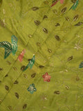 FABRIC ONLY Parrot green color dola silk fabric with allover embroidery - per meter