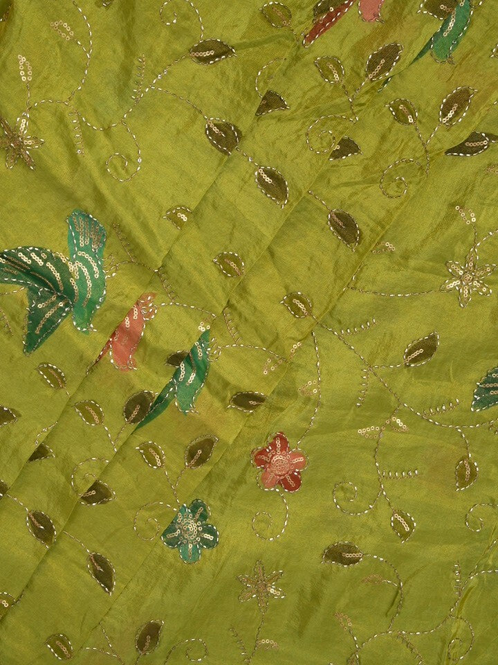FABRIC ONLY Parrot green color dola silk fabric with allover embroidery - per meter