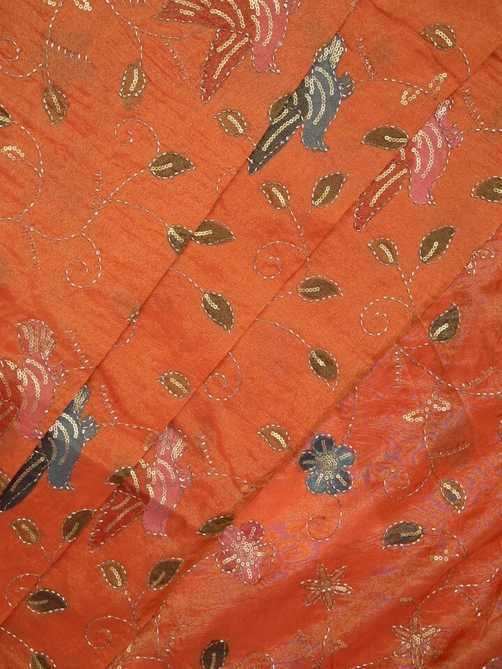 FABRIC ONLY Orange color dola silk fabric with allover embroidery - per meter