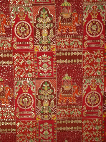 FABRIC ONLY Red color crape fabric with allover embroidery - per meter