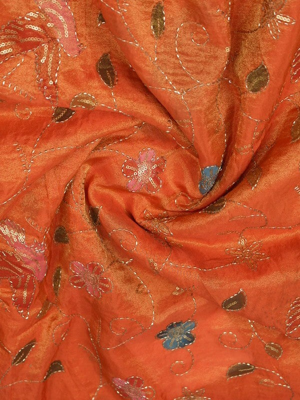 FABRIC ONLY Orange color dola silk fabric with allover embroidery - per meter