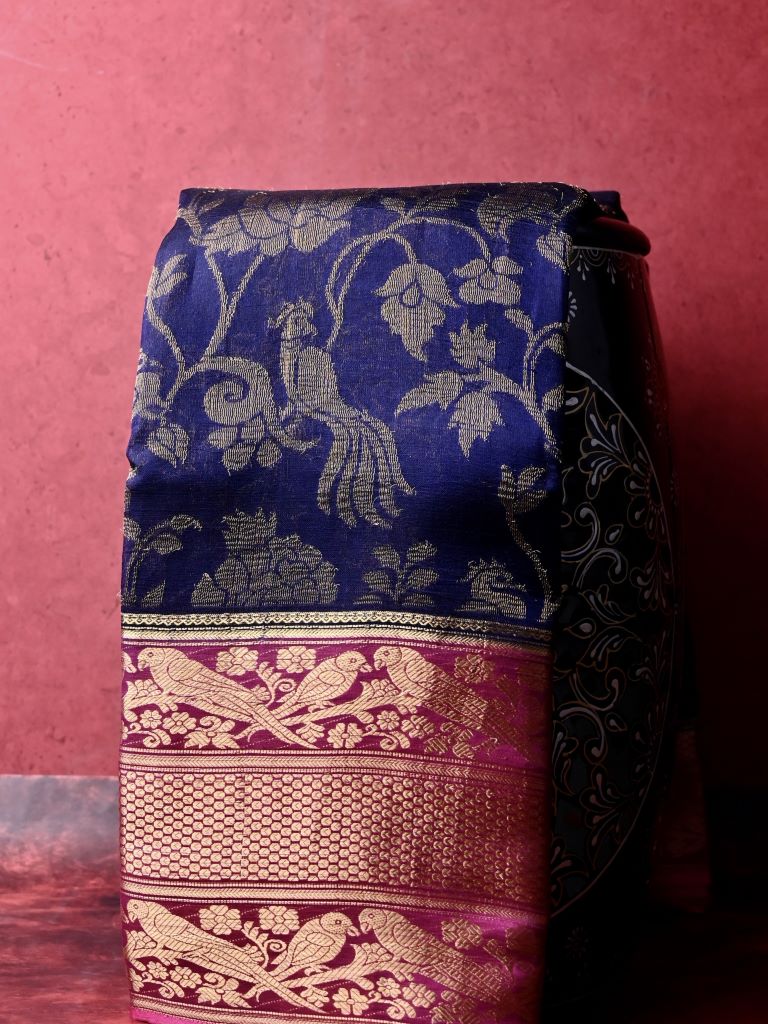 Kanchi kora fancy saree navy blue color allover zari weaving & zari border with rich contrast pallu and attached plain blouse