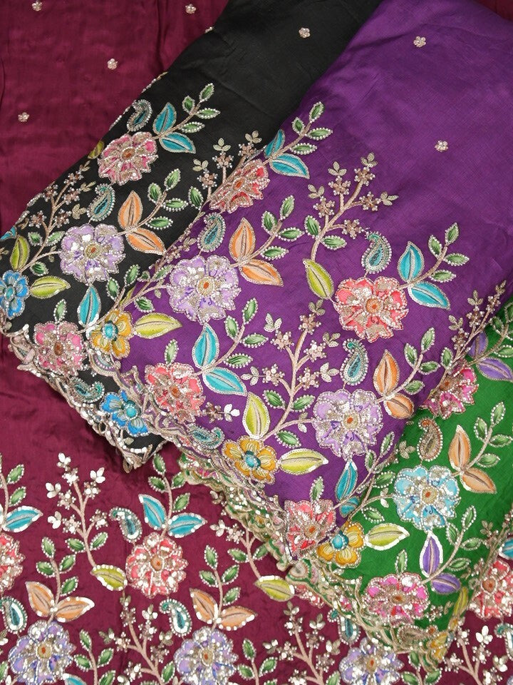 FABRIC ONLY Violet color dola silk fabric with allover embroidery - per meter