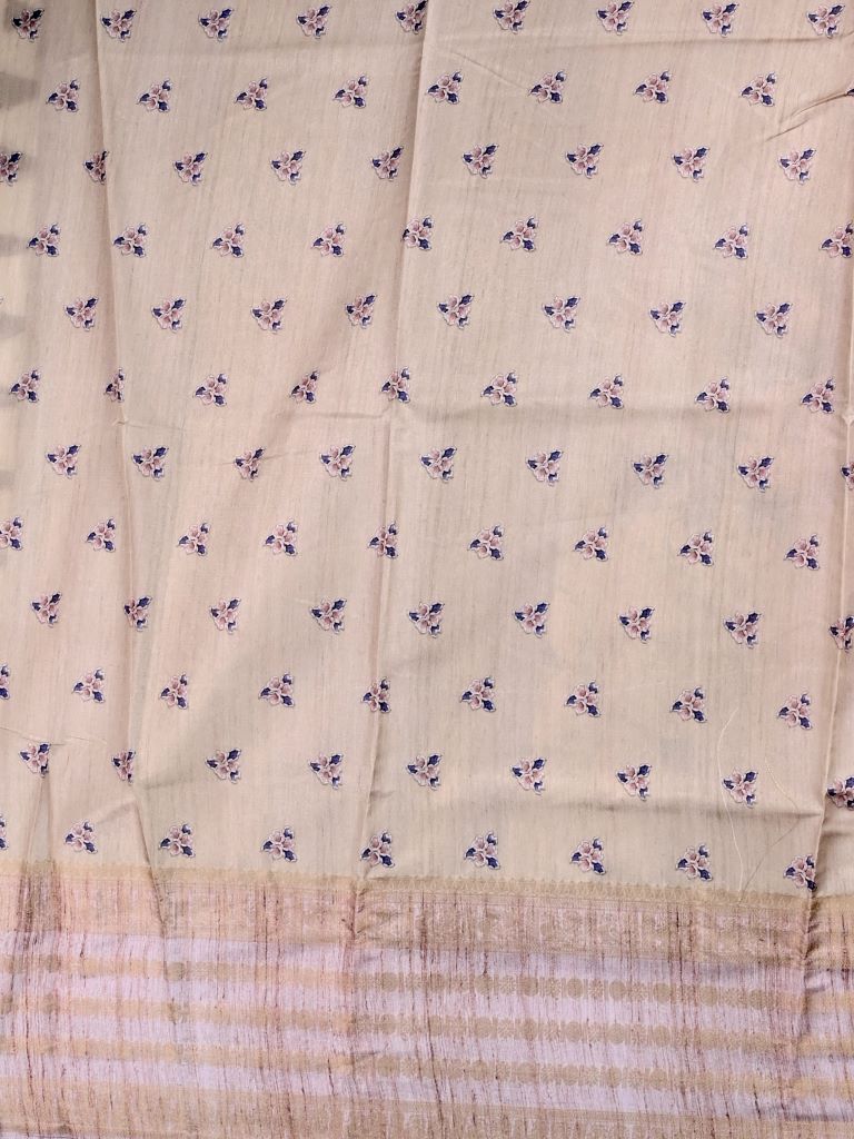 Tussar fancy saree cream color allover digital prints & zari border with striped pallu and printed blouse