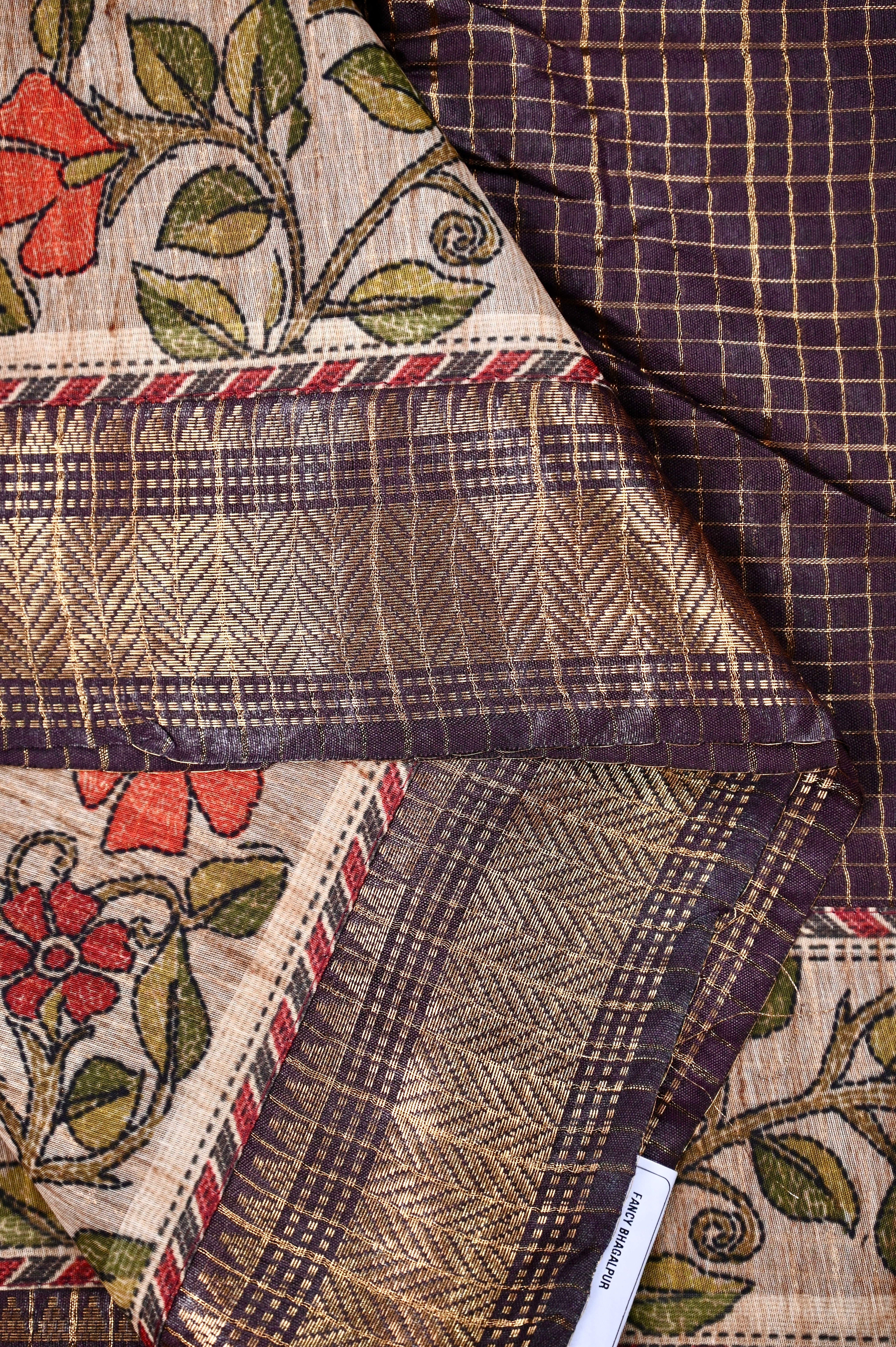 Bagalpur fancy saree brown color with allover zari checks with printed & zari weaving border with big pallu, printed and checks blouse.