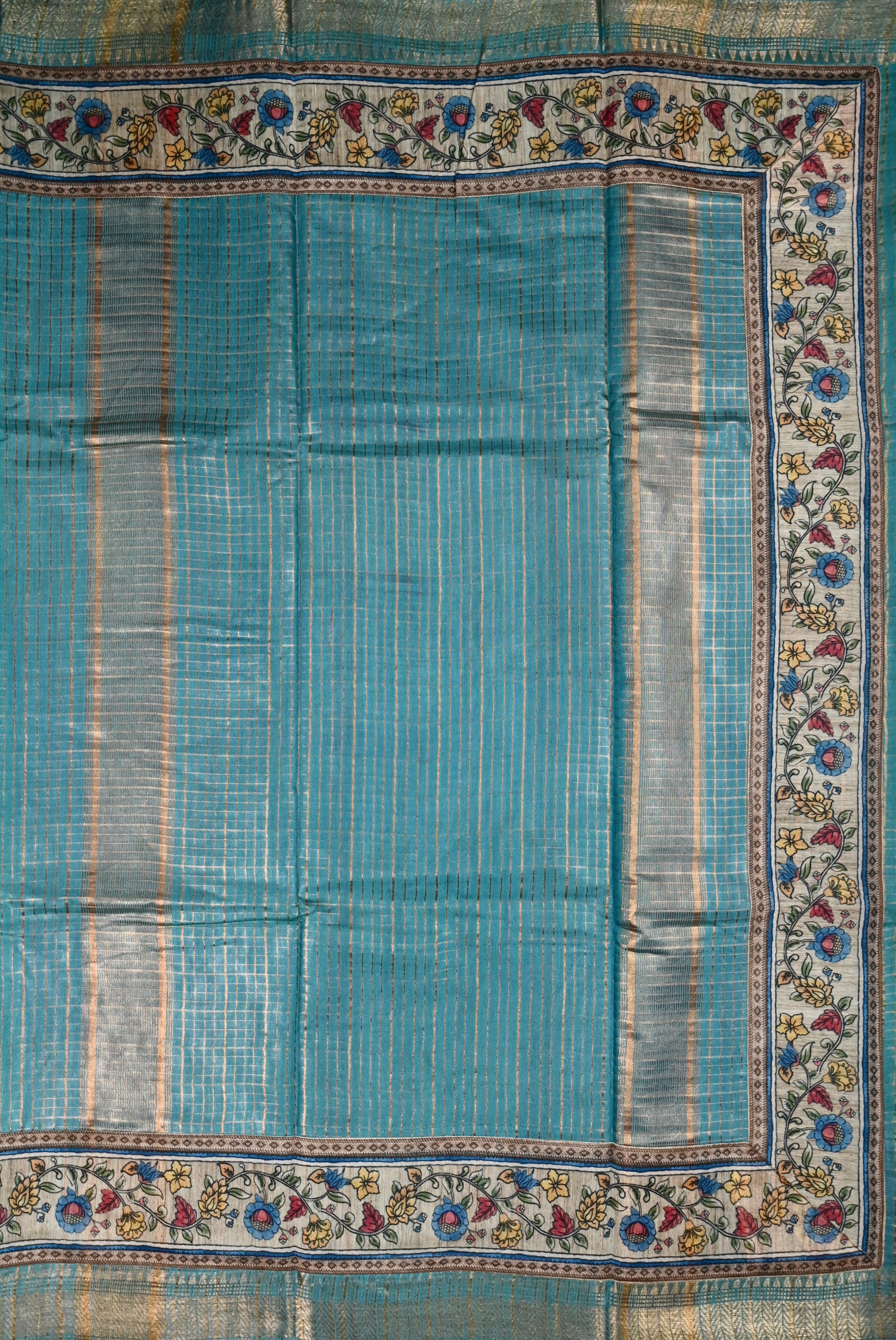 Bagalpur fancy sarees sea green color with allover zari checks with printed & zari weaving border with big pallu, printed and checks blouse.