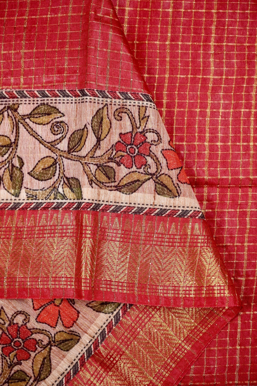 Bagalpur fancy sarees red color allover zari checks with printed & zari weaving border with big pallu, printed and checks blouse.