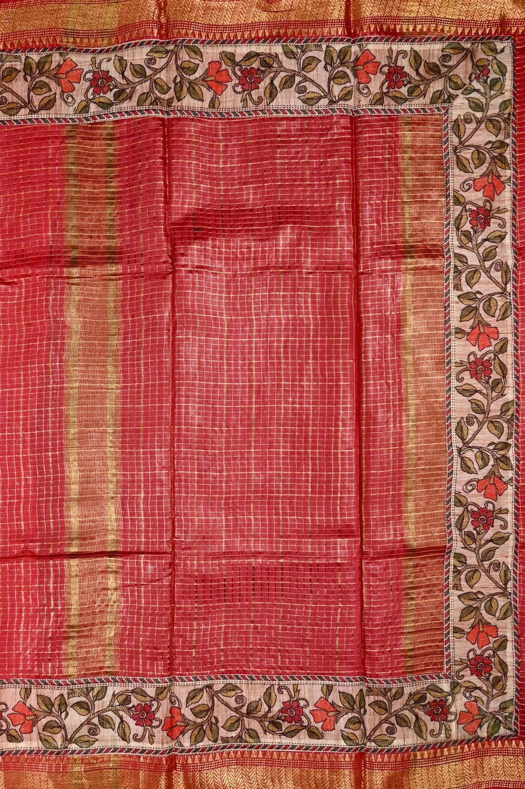 Bagalpur fancy sarees red color allover zari checks with printed & zari weaving border with big pallu, printed and checks blouse.